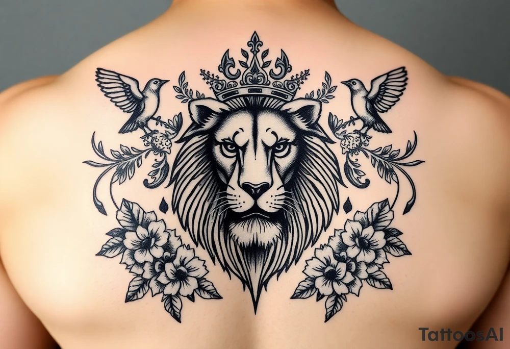 powerful majestic lion with a crown, surrounded by floral ornaments and birds tattoo idea