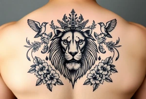powerful majestic lion with a crown, surrounded by floral ornaments and birds tattoo idea