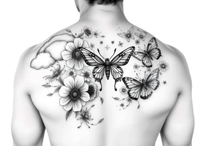 Some clouds and flowers and butterflies and spiders and a tommy gunn and a price of paper burning. All lightly shaded into a forearm sleeve tattoo idea