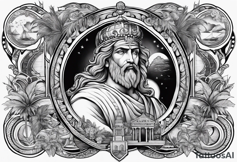 God on top representing god over everything, lower on the leg show things like money, drinking, something beachy, cards tattoo idea
