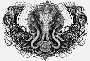 Long tattoo for forearm. Lovecraftian creature, with technological elements. Tentacles protect a symbol of love. tattoo idea
