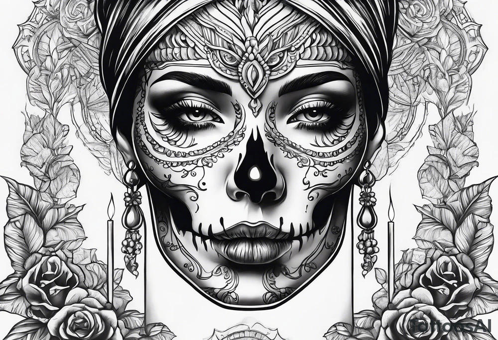 Skull and candle woman's face above tattoo idea