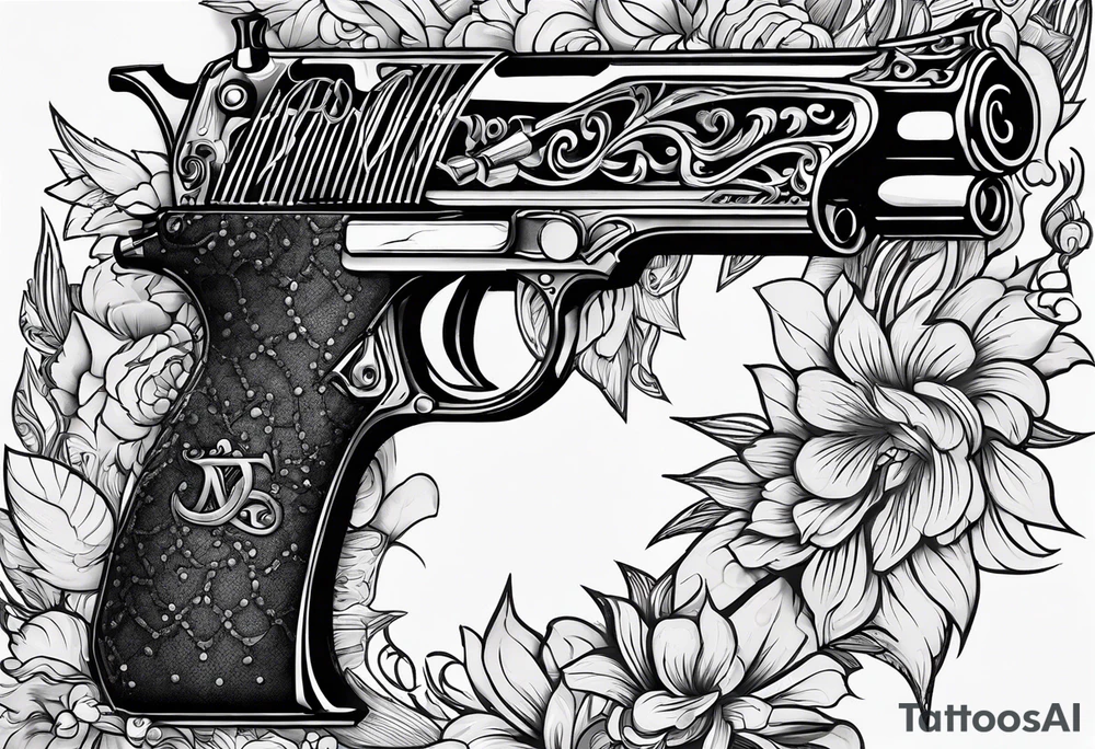 A gun with the word 'Revolverhelden' embedded into it tattoo idea