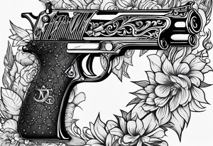 A gun with the word 'Revolverhelden' embedded into it tattoo idea
