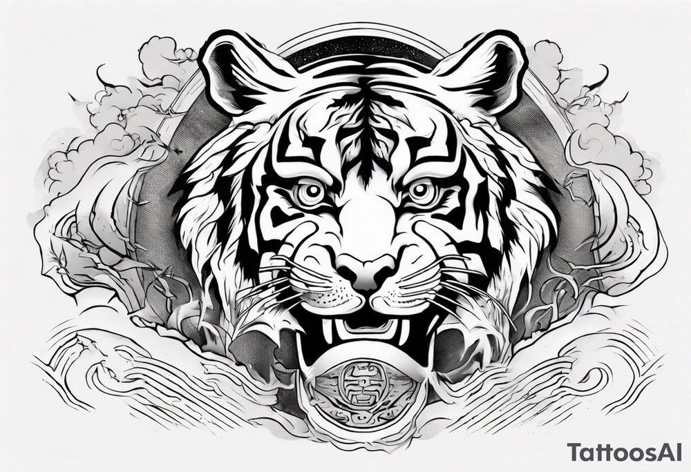 Ancient tiger with lightning and a sun for a forearm sleeve. With patterns surrounding it tattoo idea