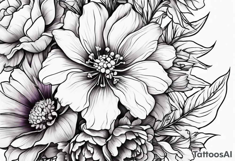 Tattoo of a floral Bouquet with larkspur with stem, carnation with stem, violet, with stem, daisy with stem tattoo idea