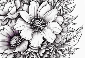 Tattoo of a floral Bouquet with larkspur with stem, carnation with stem, violet, with stem, daisy with stem tattoo idea