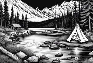 Small campfire on the coast of a mountain stream, in the back is some evergreen tall trees tattoo idea