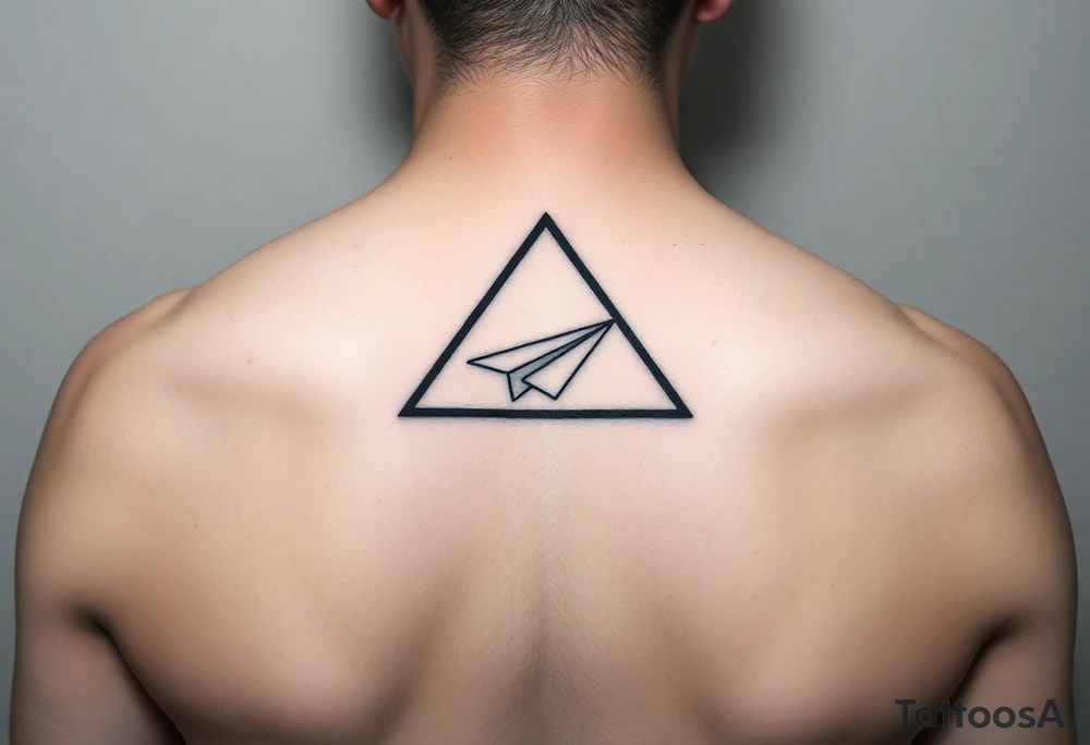 Geometric small triangle with a paper plane flying around the world while being psychedelic with fine thin lines tattoo idea