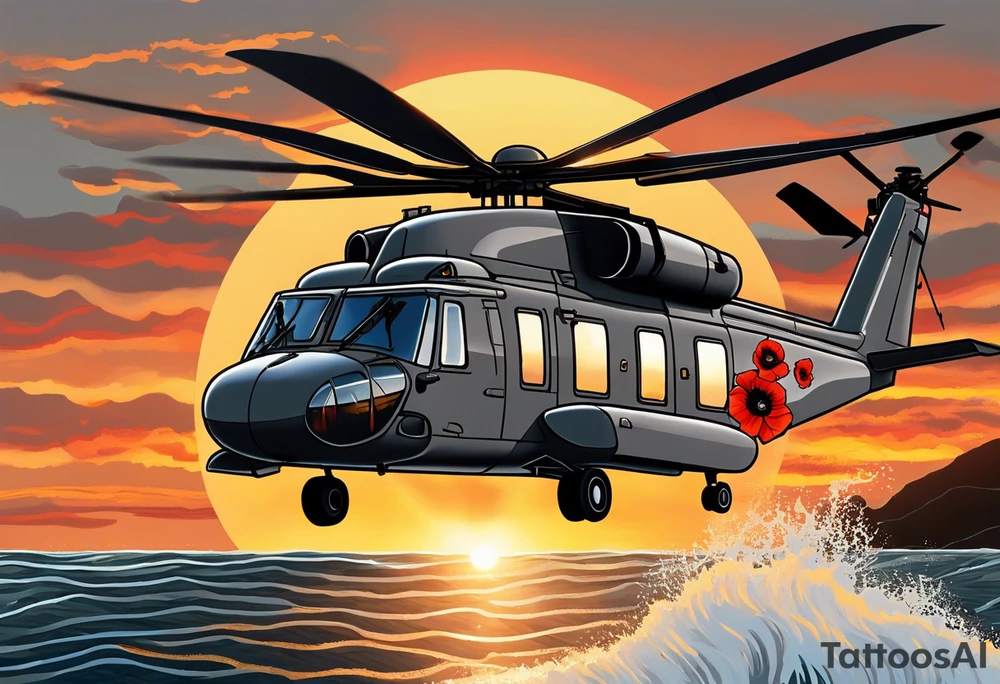 Canadian military grey CH-148 Cyclone helicopter soaring low over rough, ocean waves. The sun is setting, casting a dramatic glow on the scene with realistic clouds and a specular reflection of the helicopter on the water. The helicopter should be the main focus, with intricate details and a sense of motion. In the background, a poppy be prominently displayed tattoo idea