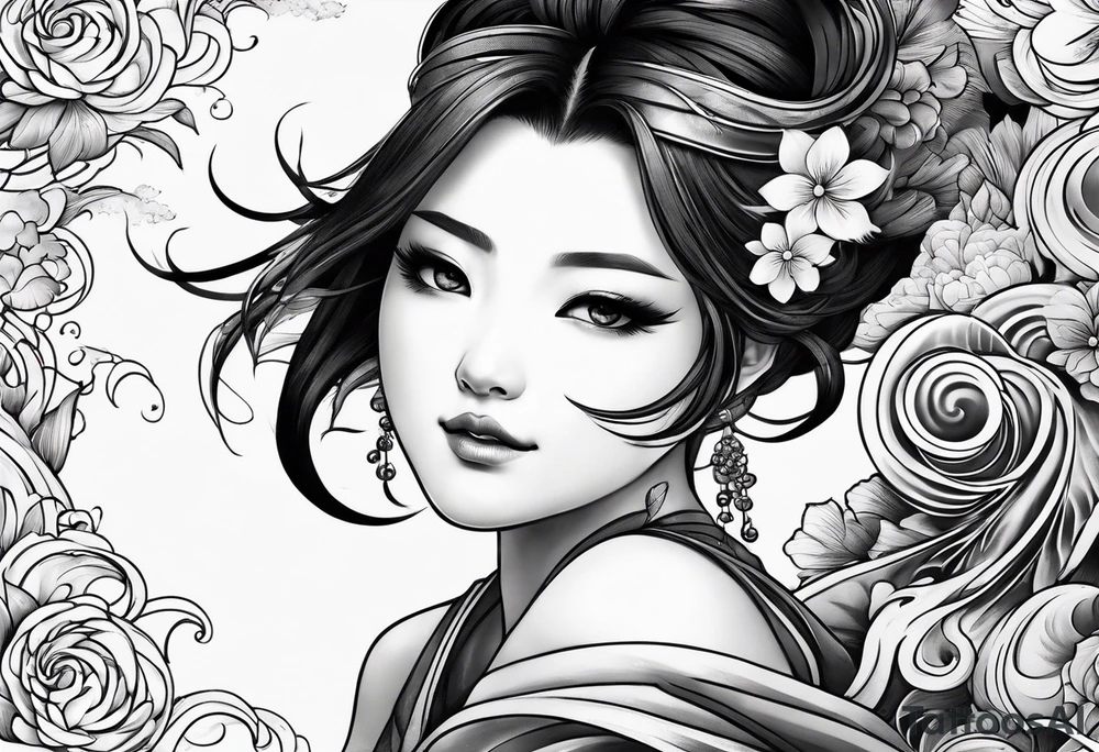 japanese tattoo with swirly elements tattoo idea