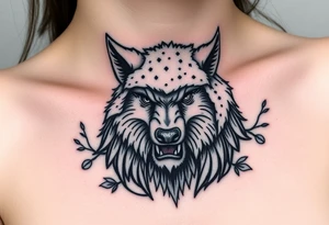 Big bad wolf nursery rhyme wearing a sheep costume with sheep head hood to kill and eat the three little pigs and little red riding hood in the woods tattoo idea