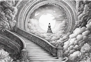 grand winding stairway to heaven with little boy praying in front tattoo idea