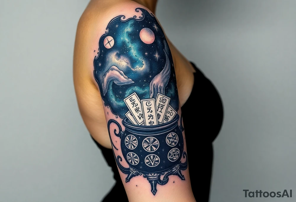 Milky way filled with zodiac symbols runes tarot cards coming out of a cauldron tattoo idea