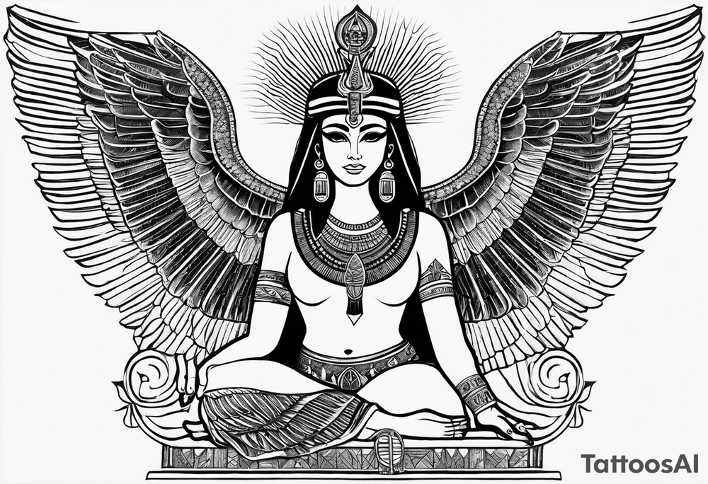 blank and white Egyptian goddess Isis, who is often depicted as a woman with outstretched wings, holding an ankh (a symbol of life) in one hand and a lotus flower in the other. Her headdress often includes a throne or a solar disk. The tattoo design can vary in style and size, but it typically aims to capture the essence of this revered Egyptian deity, emphasizing her beauty, power, and maternal qualities. The choice of colors and additional elements can also be customized to create a unique and visually striking representation of the goddess Isis tattoo idea