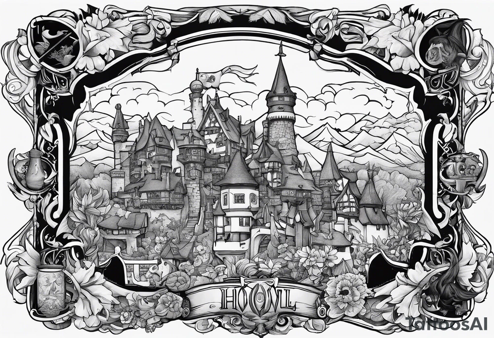 the phrase "why not now?" encased in the flag of Germany and north Carolina surrounded by characters from Howel's moving castle, Zelda, Final Fantasy 8 tattoo idea