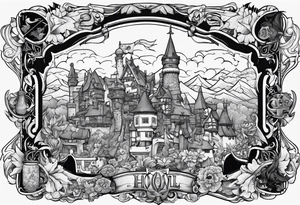 the phrase "why not now?" encased in the flag of Germany and north Carolina surrounded by characters from Howel's moving castle, Zelda, Final Fantasy 8 tattoo idea