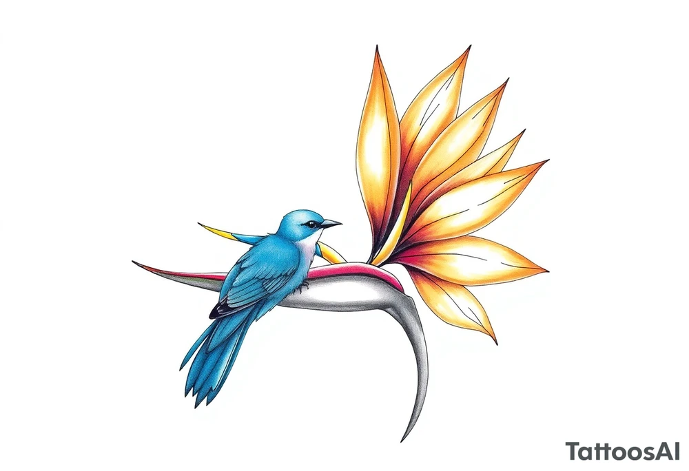 Bird of paradise flower with blue bird tattoo idea