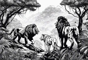 wolfpack and lion pack in the jungle far away walking towards a tree tattoo idea