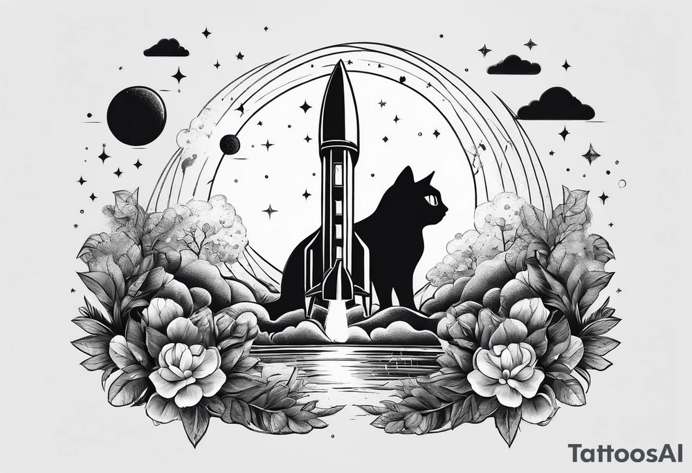 space, nature, rocket, cat tattoo idea