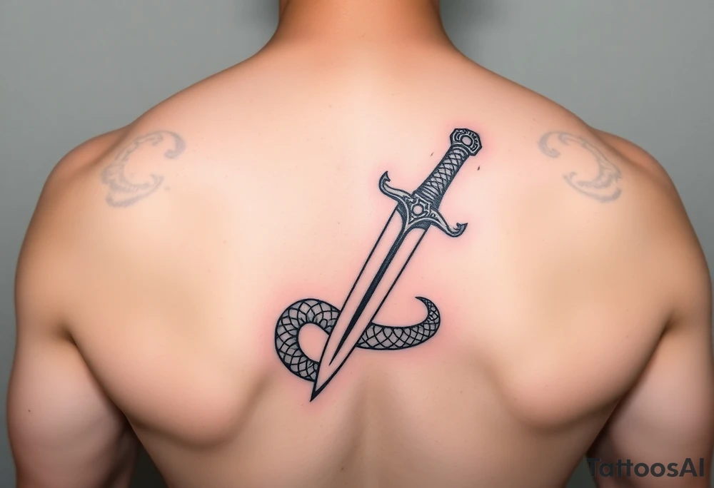 mystical snake coiled around an ancient dagger with jeweled hilt tattoo idea