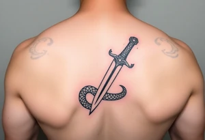 mystical snake coiled around an ancient dagger with jeweled hilt tattoo idea