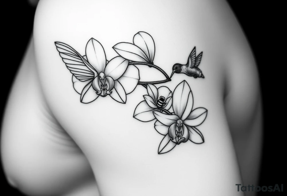 A delicate, black and white fine-line tattoo for male, featuring gracefully detailed 2 orchids in full bloom including their stems, with soft, intricate petals and elegant curves. Beside it, a hummingbird hovers mid-flight, its wings drawn with subtle motion lines, its slender beak reaching toward the orchid’s center to drink its nectar. on the other flower there is a bee that is resting tattoo idea