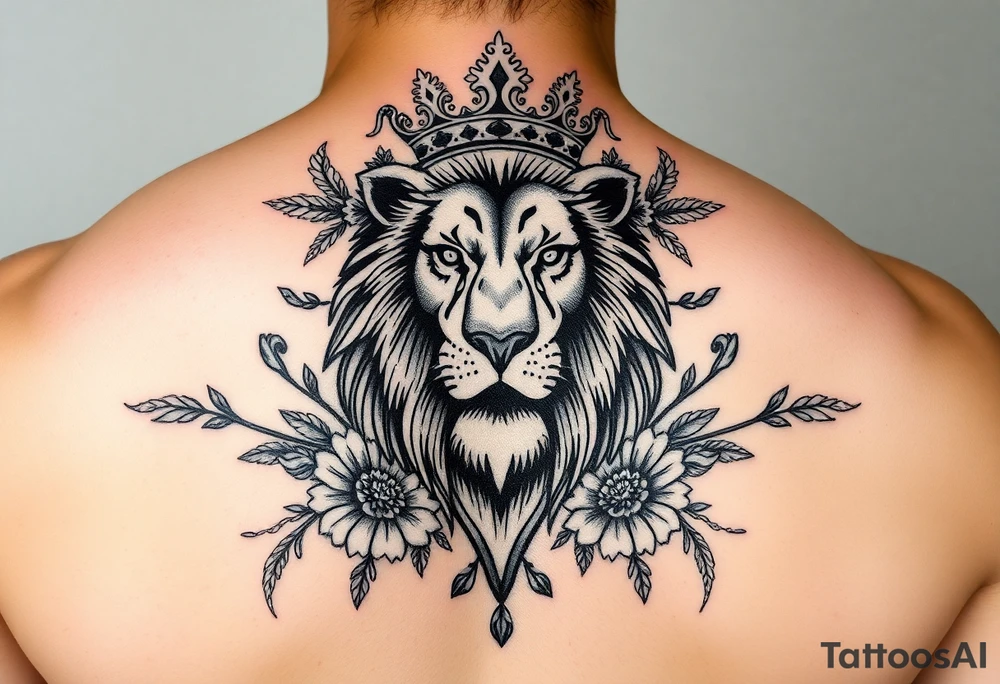 powerful majestic lion with a crown, surrounded by floral ornaments and birds tattoo idea