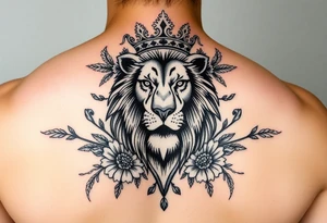 powerful majestic lion with a crown, surrounded by floral ornaments and birds tattoo idea