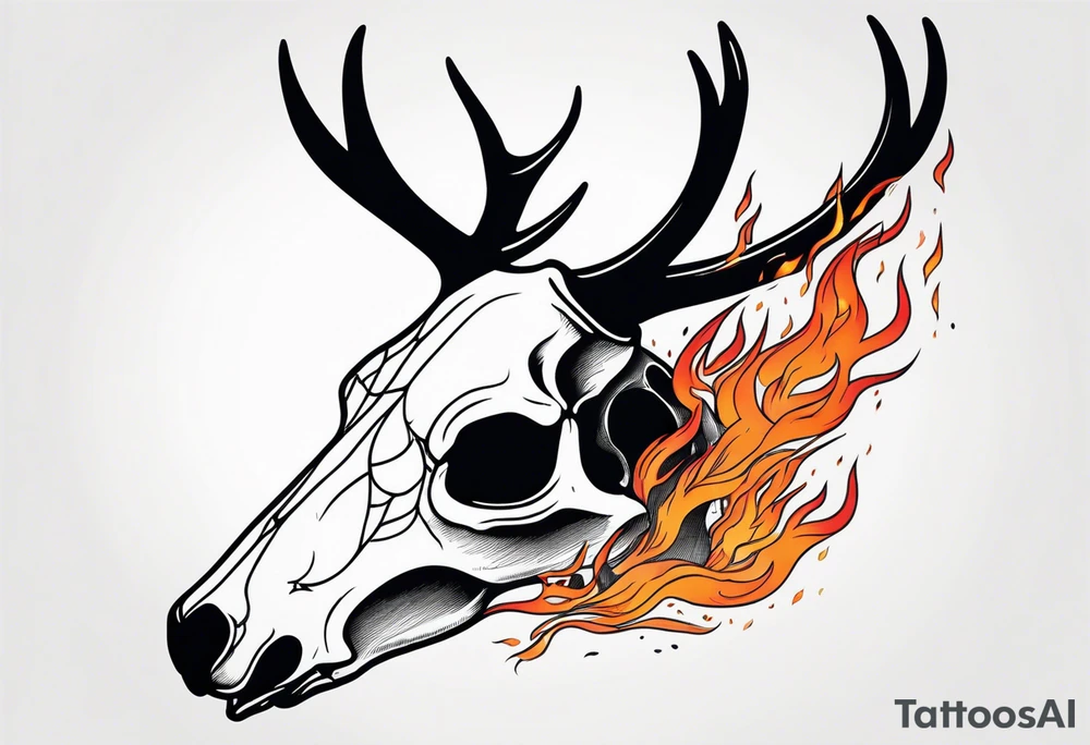 side view of a deer skull JUST BONE surrounded by a flames and trees tattoo idea