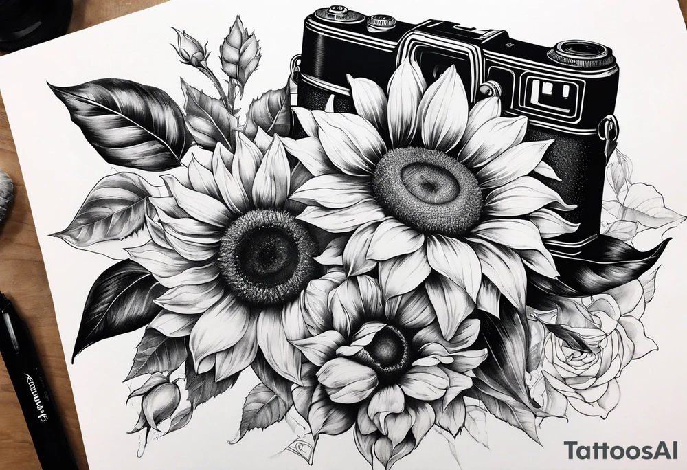 sunflower, camera, flower rose , book tattoo idea