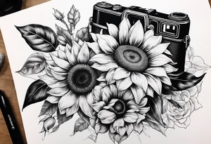sunflower, camera, flower rose , book tattoo idea