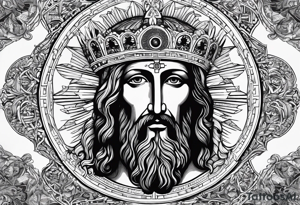 haloed head of a flat stern Byzantine Christ with all-demanding eyes. tattoo idea