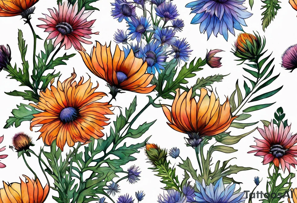 cascading mixed colored wildflowers with thistles, ferns, burnt orange flowers all in color tattoo idea
