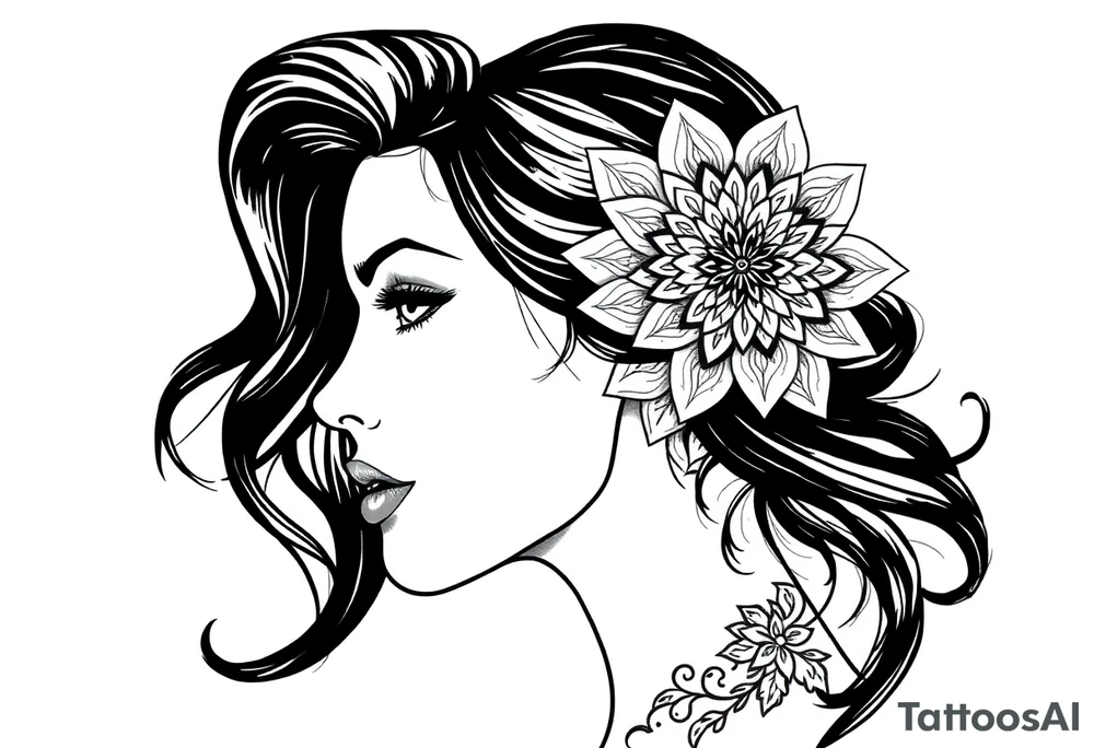Powerful side profile woman’s face with mandala tattoo idea