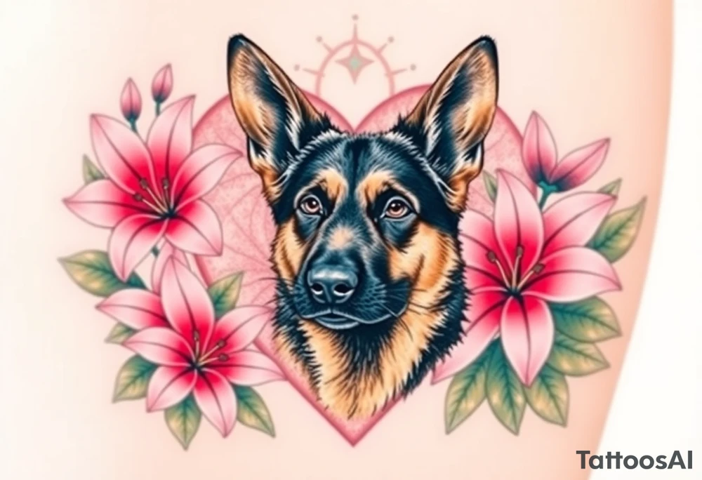 strong looking short haired german shepherd with alert ears surrounded by pink lilies with large leaves in front of a sacred heart tattoo idea