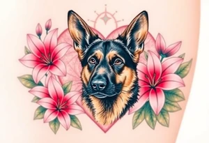 strong looking short haired german shepherd with alert ears surrounded by pink lilies with large leaves in front of a sacred heart tattoo idea