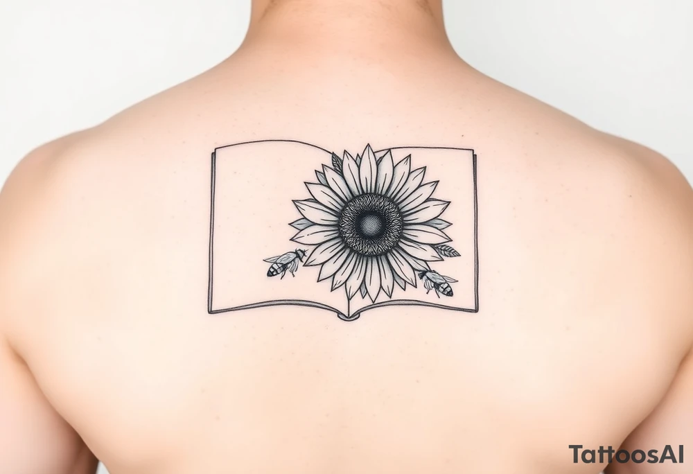 An open book with a sunflower and bees as one page tattoo idea