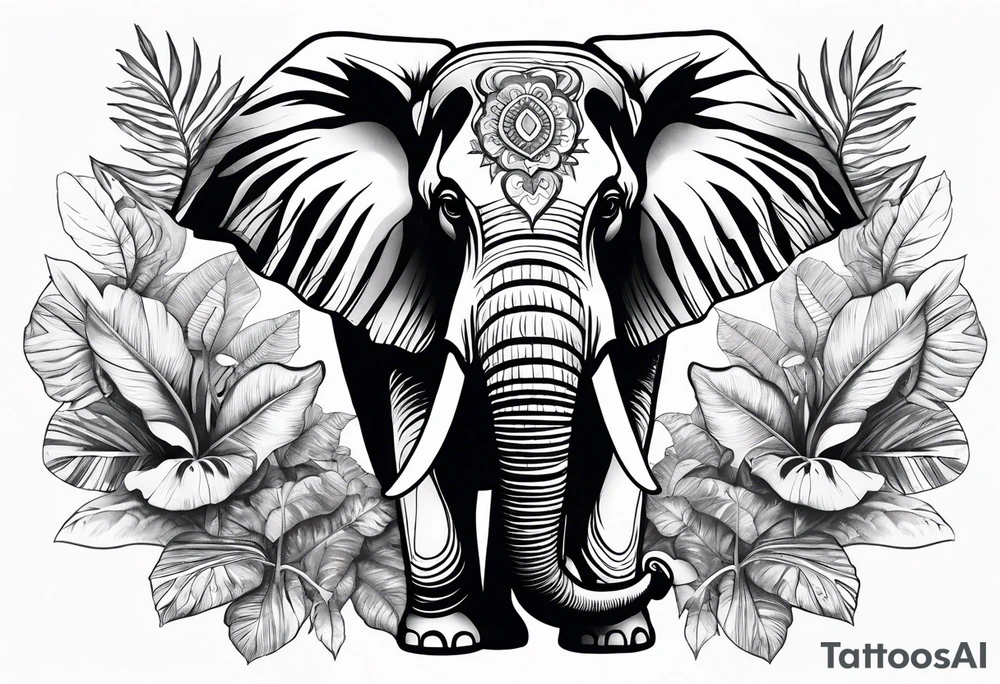 “A majestic elephant with its trunk raised, surrounded by tropical foliage, symbolizing memory and strength tattoo idea