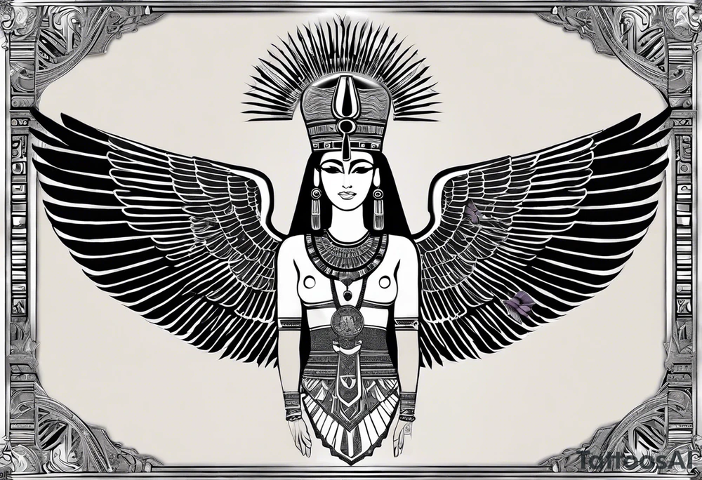 black and white Egyptian goddess Isis, who is often depicted as a woman with outstretched wings, holding an ankh (a symbol of life) in one hand and a lotus flower in the other. Her headdress often includes a throne or a solar disk. The tattoo design can vary in style and size, but it typically aims to capture the essence of this revered Egyptian deity, emphasizing her beauty, power, and maternal qualities. The choice of colors and additional elements can also be customized to create a unique and visually striking representation of the goddess Isis tattoo idea