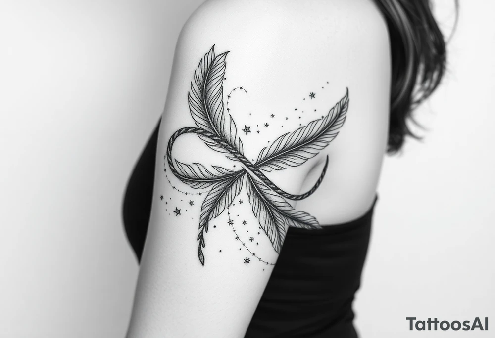 infinity symbol woven with floating feathers and stardust tattoo idea