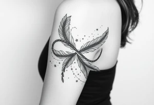infinity symbol woven with floating feathers and stardust tattoo idea