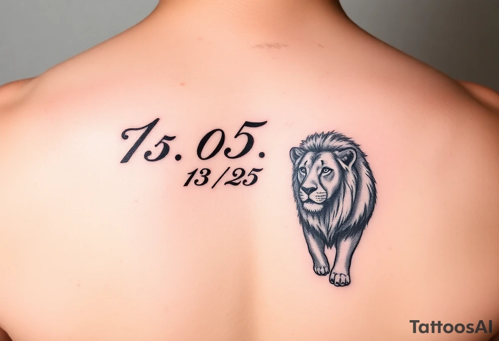 Safarii in cursive with time “15:05” and date “3/18/25” with lion tattoo idea