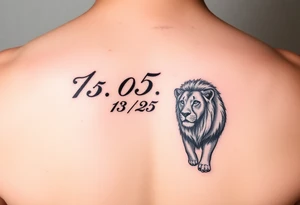 Safarii in cursive with time “15:05” and date “3/18/25” with lion tattoo idea