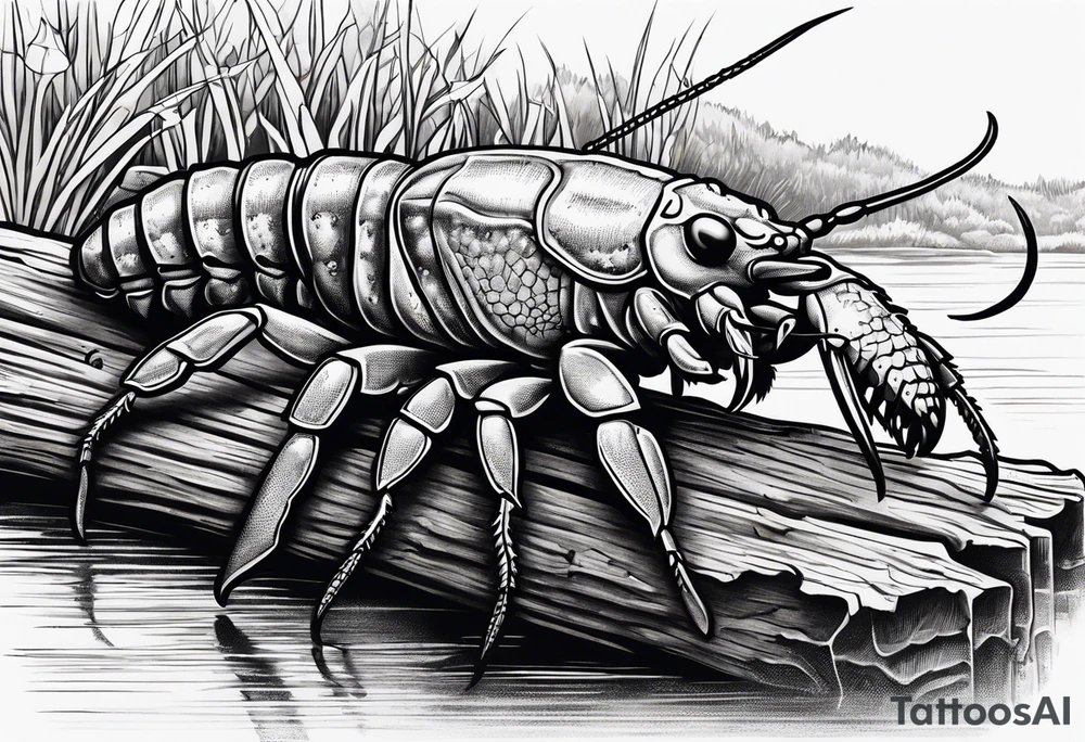 Crayfish with small body on a log with fish tattoo idea