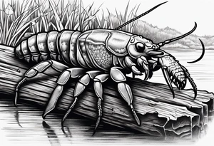 Crayfish with small body on a log with fish tattoo idea