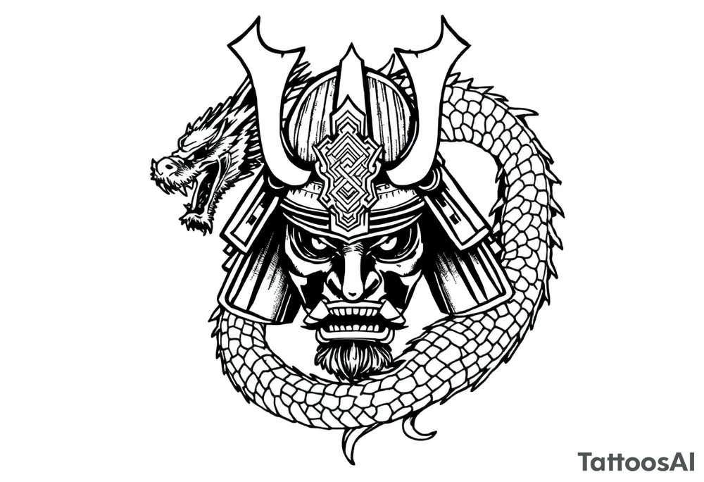 Samurai helmet tattoo design with dragon wrapped around, black and grey ink, Japanese tattoo style, intricate armor, fierce expression, mythological energy, tattoo linework, medium forearm size, symmetrical design tattoo idea