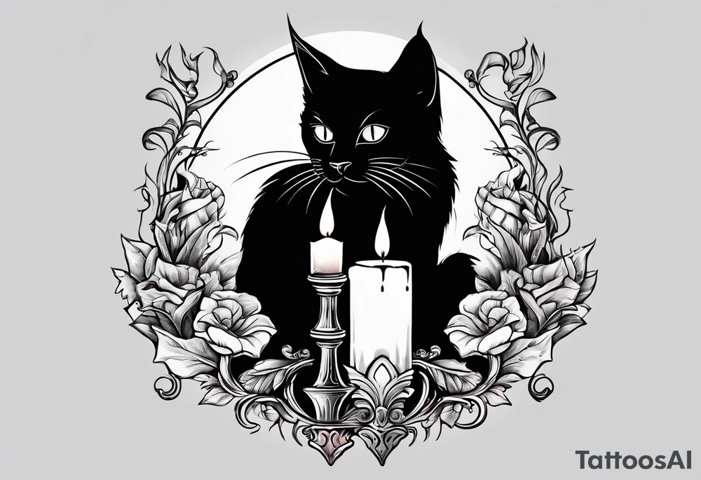 Black cat with candle burning tattoo idea