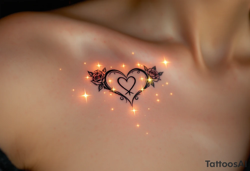 A mystical rune of love with golden light, surrounded by a faint magical aura. The symbol itself is engraved with sharp, symmetrical lines, and small roses wrap around the edges. The tattoo evokes timeless love, with deep red accents and delicate glowing stars scattered around it. tattoo idea