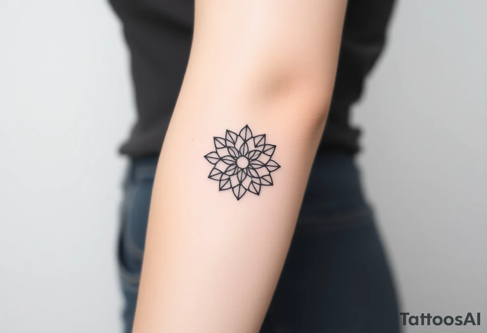 A minimalist black ink Flower of Life, centered on the forearm, with perfect geometric symmetry in cyrcle round tattoo idea